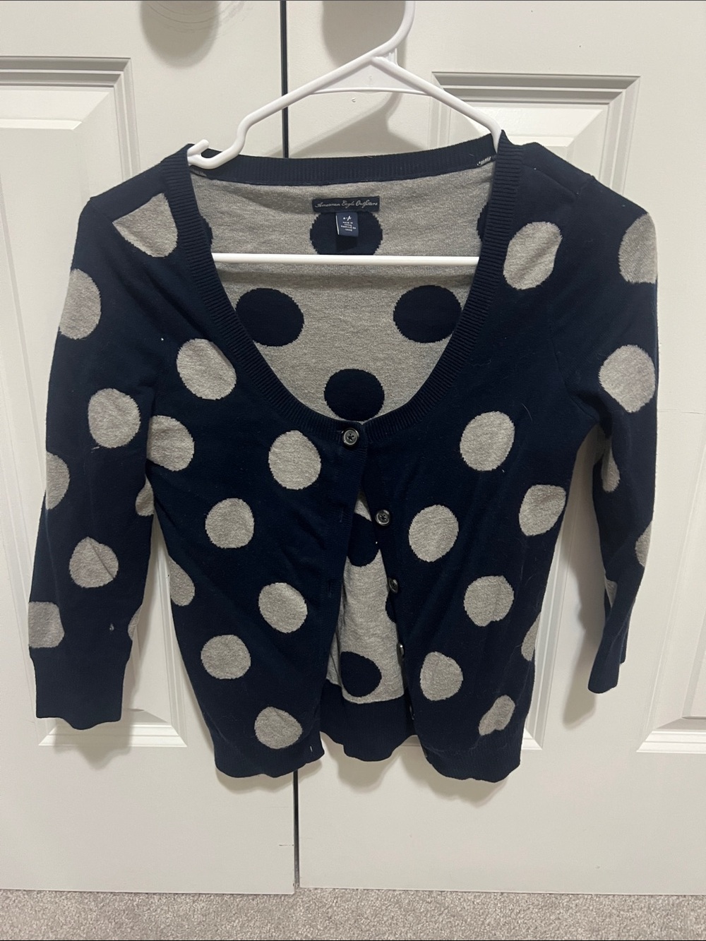 American Eagle Women's Polka Dot Cardigan Sweater - Navy and Light Gray
